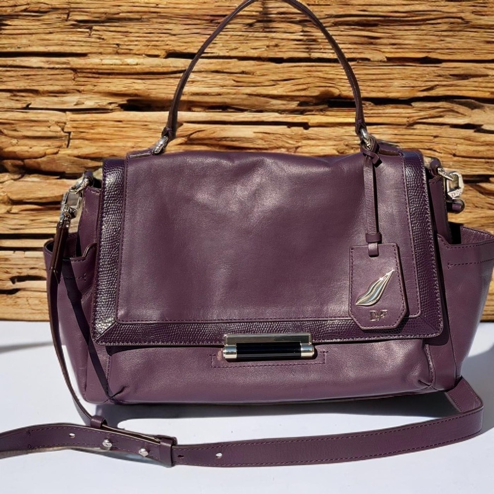 Rare Diane Von Furstenberg Purple 440 Courier Leather Bag Prune Satchel DVF